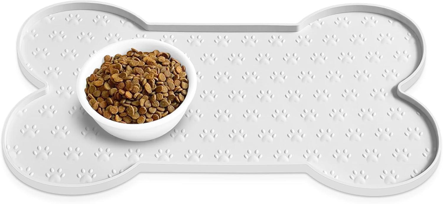 Anti-Slip Silicone Dog Bowl Mat Thicker Pet Placemat Waterproof Cat Feeder Pad with Raised Edge Suitable for Small Medium-Sized Dogs Cats Eating Tray beige 50 * 25cm (Donut White)
