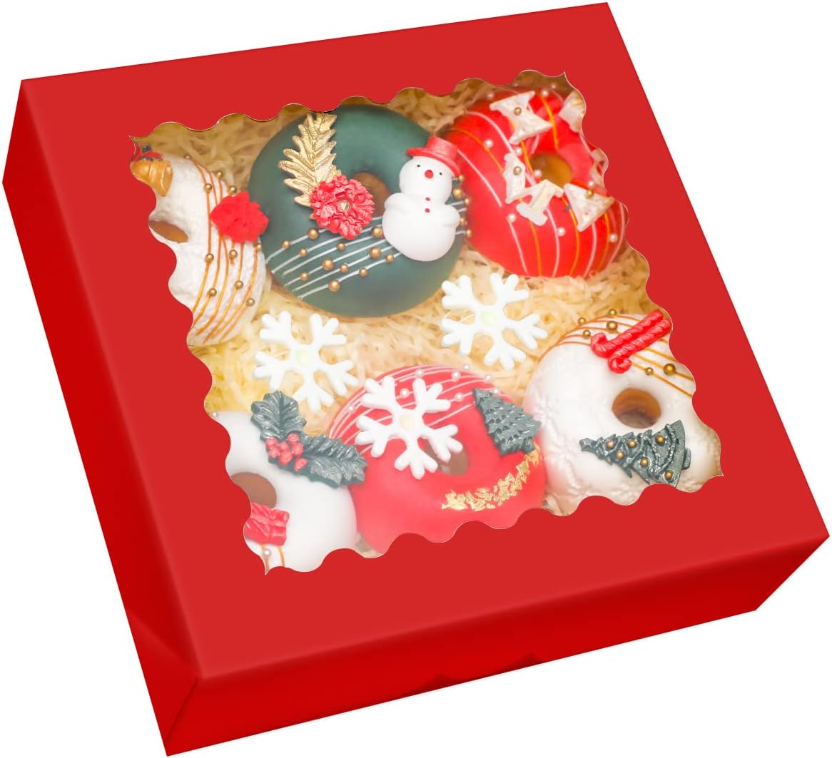 qiqeeRed Pastry Box With Window 8x8x2.5 inch Donut Pie Boxes 30pcs Bakery Box Auto-pop up
