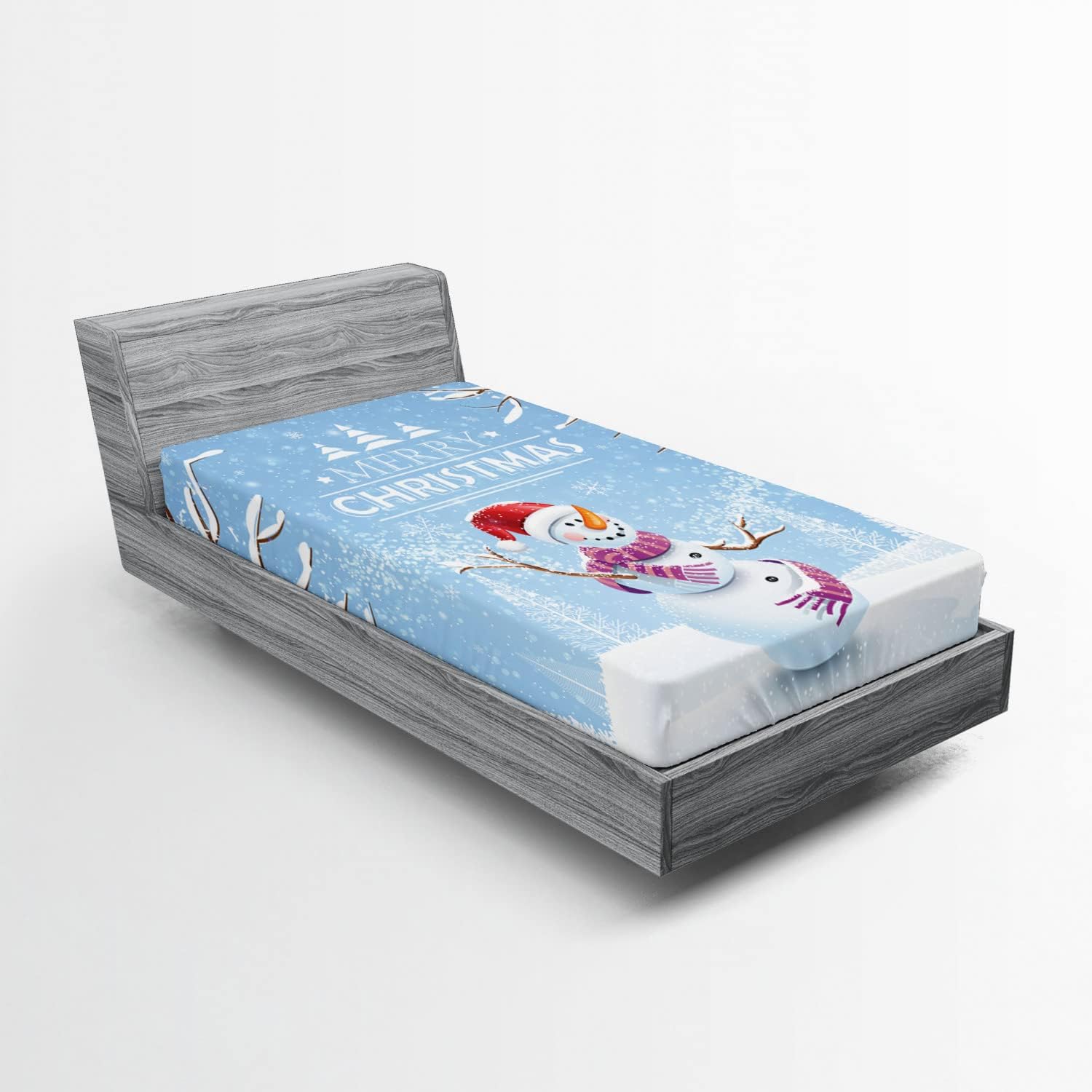 Ambesonne Christmas Fitted Sheet, Snowman in a Snowy Winter