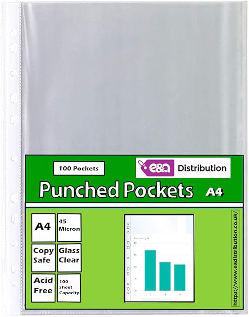 100x A4 Clear Plastic Punched Pockets Filing Folders Wallets Sleeves Home, Office and School Document Files (100 A4 Punched Pockets 45 Micron)