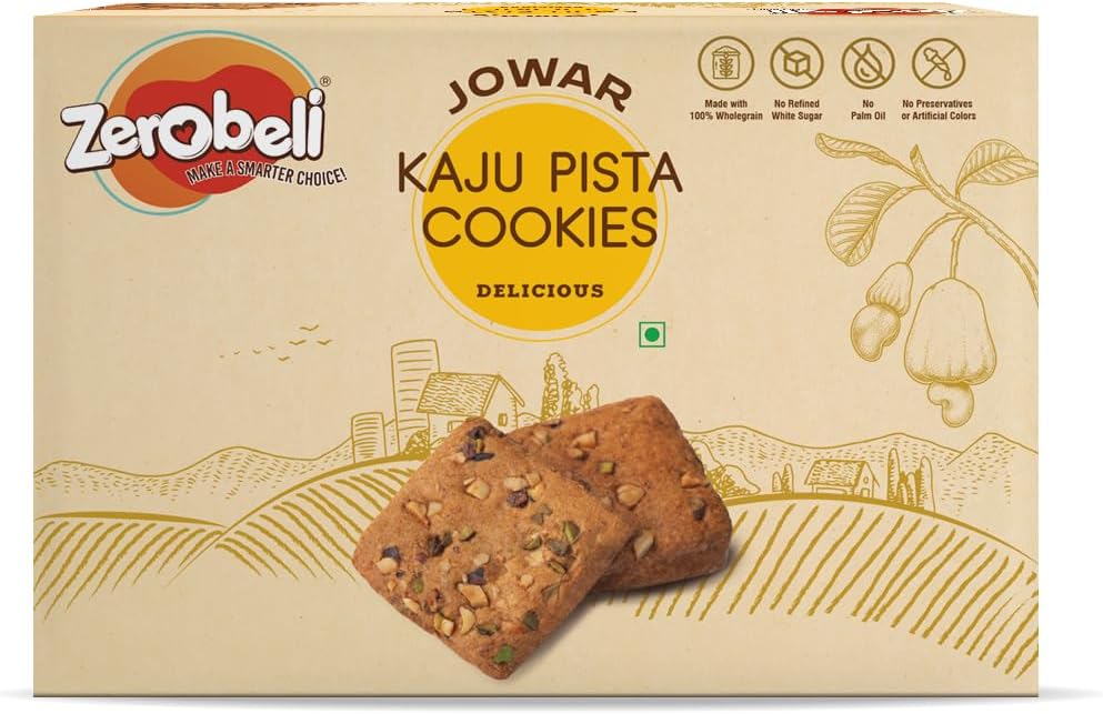 Zerobeli Jowar Kaju Pista Cookies 425g |Premium No Maida Handmade Cookies| Contains Real Cashews and Pista| No Refined White Sugar, No Palm Oil, Preservatives or Colors