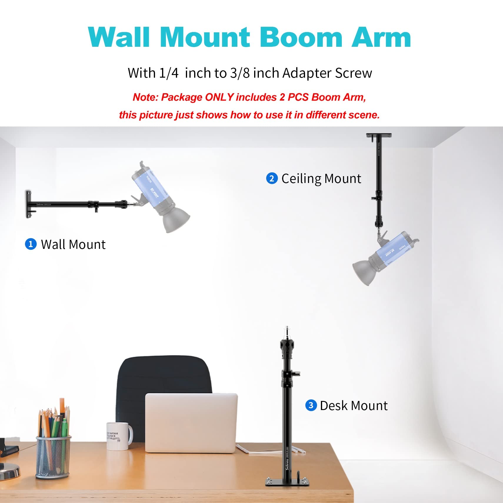 Selens Fotografie Wandmontage Ausleger Arm, 35-55cm, Wand Deckenmontage Boom Arm Einstellbare Länge mit 3/8" 1/4" Gewinde Universal Adapter für Foto Videoleuchten, Regenschirme, Reflektoren