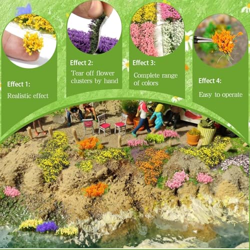 Warmtree 10 Colors, 40 Pcs Miniature Colorful Flower Cluster Self Adhesive Flower Static Grass Tufts for Train Landscape Railroad Scenery Sand Military Layout Model Miniature Bases Diorama Supplies - Image 7