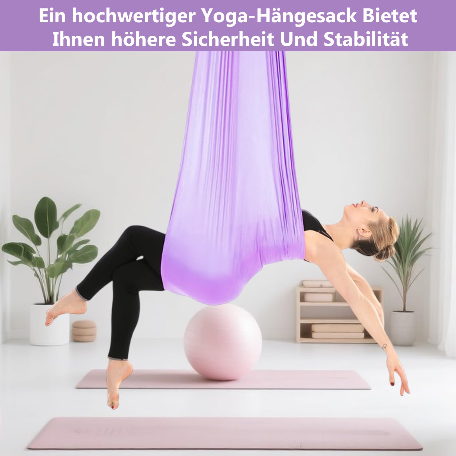 Aerial Yoga Hängematte Set, 5m x 2,8m Aerial Yogatuch Anti-Gravity YogaSwing, Aerial Yoga Hammock Swing 200 kg Tragfähigkeit, Nylon Tuch Nestschaukel mit Beschläge(Lila)