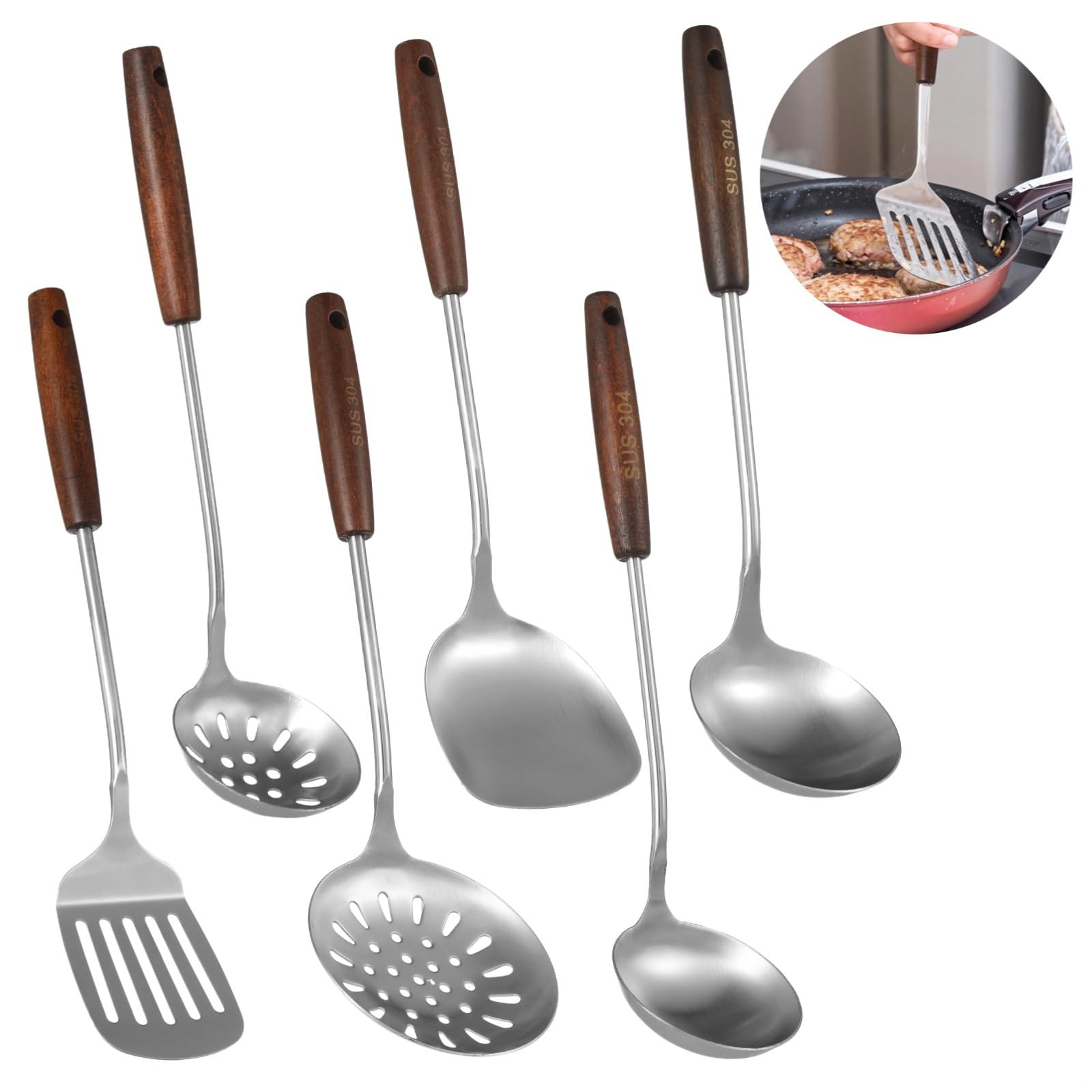 6-teiliges Wok-Kochutensilien-Set, Edelstahl mit Holzgriffen, hitzebeständig und ergonomisch für die Küche