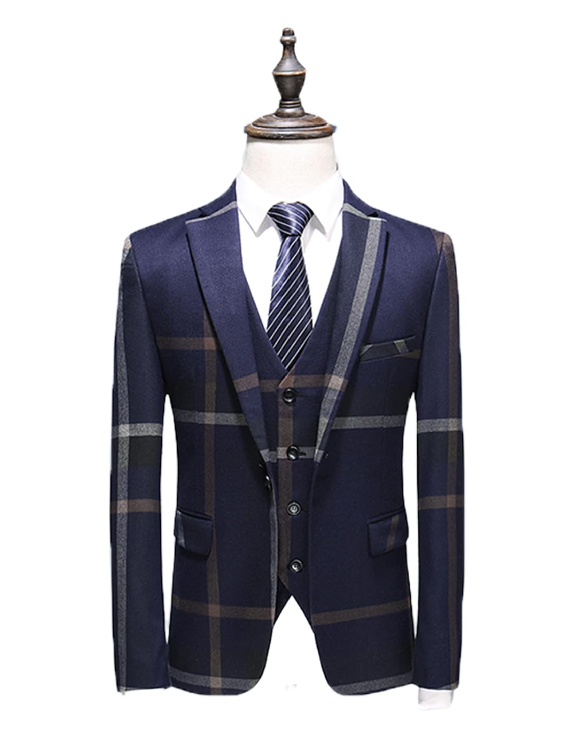 Uomo Plaid Tuta 3 Pezzi Tuxedo Un Bottone Prom Wedding Party Giacca Gilet Pantaloni Set