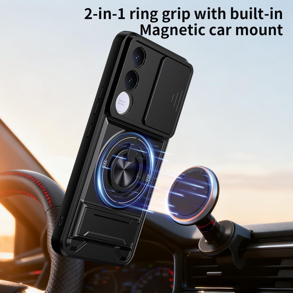 Custodia compatibile con vivo V70 FE [con 1 pellicola proteggi schermo] [custodia per fotocamera scorrevole 2 in 1, design con cavalletto magnetico] [custodia antiurto per telefono] nera