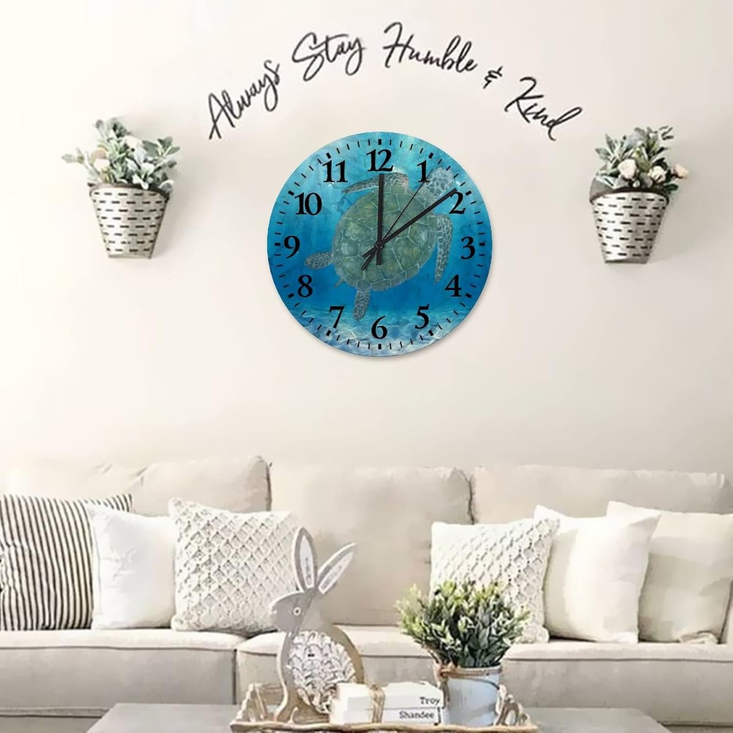 Sea Turtle Wood Wall Clocks 15 Inch, Vintage Beach Theme Retro Wood Wall Clock Silent Non-Ticking Round Arabic Numbers Clock for Bedroom Living Room Home Decor