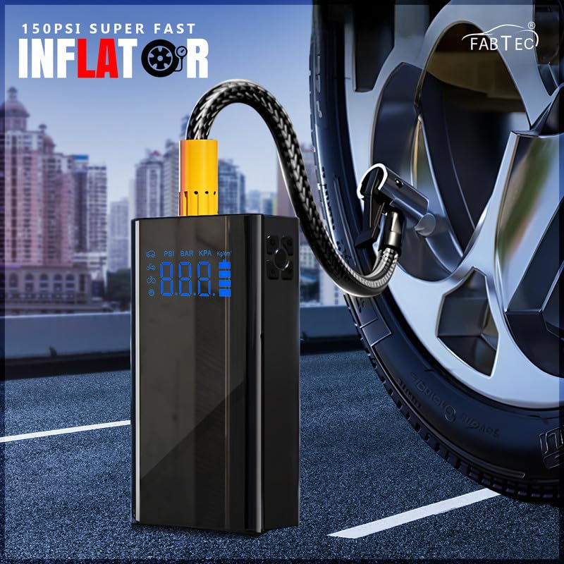 Image of Fabtec 4-in-1 Jump Starter with Tyre Inflator 150 PSI Portable Tire Inflator Air Compressor with Digital Display, 15000mAh Battery, SOS Light & 5 Air Filling Modes for Cars, Bikes, Bicycles and Balls