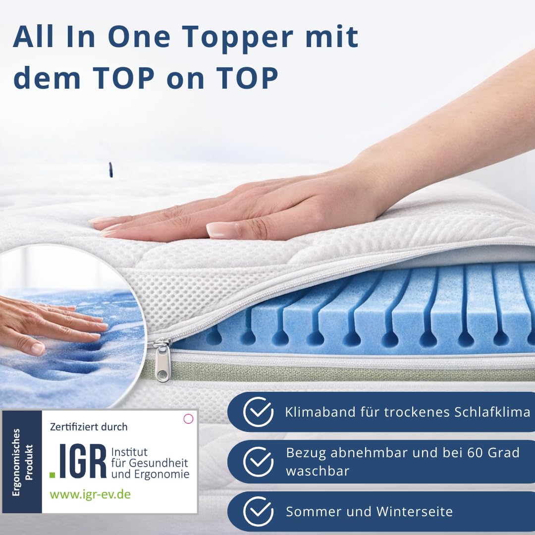 7-Zonen Gelschaum Topper 5cm-All in One Matratzenauflage mit Duo-Wendehärte H2/H3 – Ergonomisch IGR-Zertifiziert-Sommer- & Winterseite-Made in Germany-Für Boxspringbett & Matratze (90x200 cm)