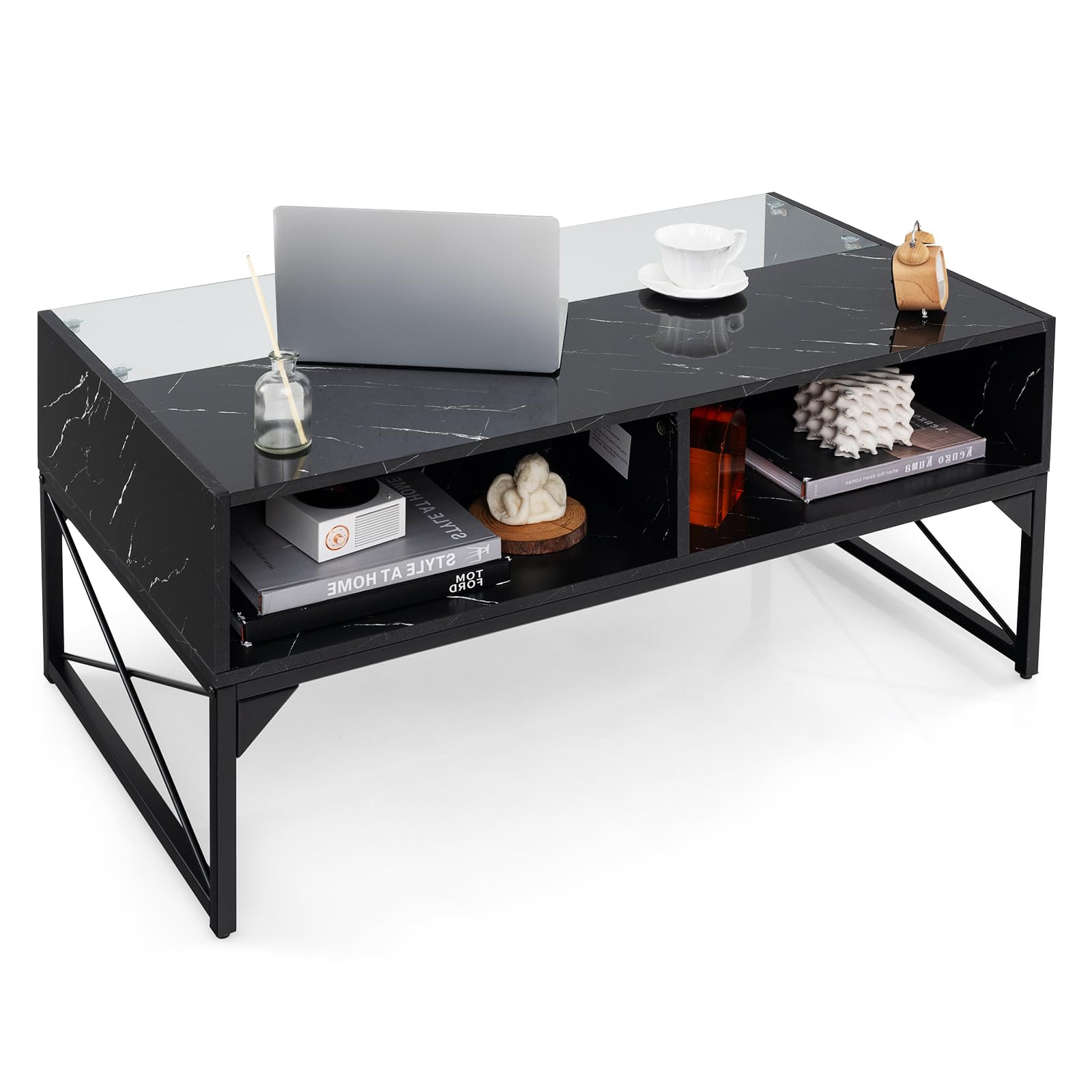 COSTWAY LED Couchtisch, Wohnzimmertisch Marmor Optik, Kaffeetisch mit einstellbaren Lichtfarben & Helligkeit, Fernbedienung und 4 Ablagefächern, Sofatisch für Wohnzimmer, 105 x 55 x 50 cm (Schwarz)