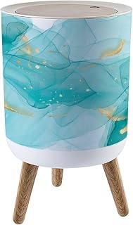 Trash Can with Lid Royal cyan mint liquid marble watercolor white lines brush stains Teal Garbage Can Round Waste Bin Press Cover Dog Proof Wastebasket for Kitchen Bathroom Living Room Nursery 1.8gal