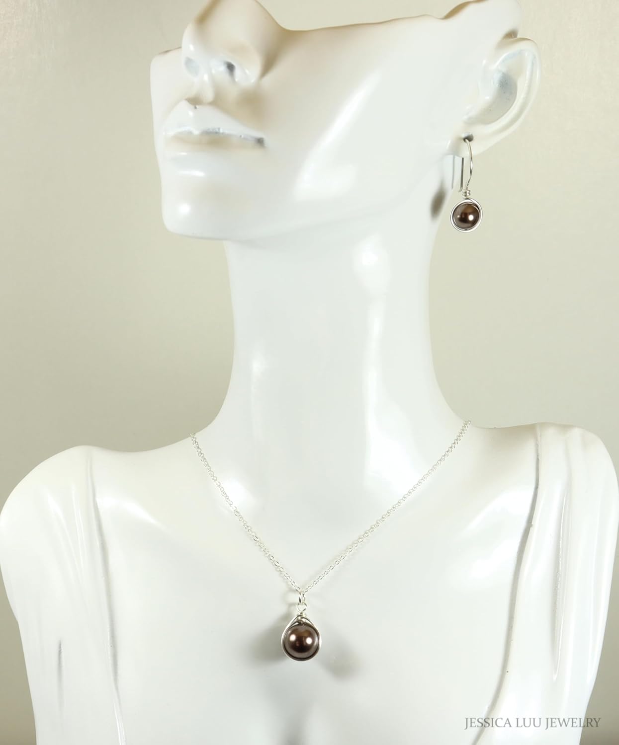 Jessica Luu Jewelry Handmade Chocolate Brown Pearl Solitaire Necklace Sterling Silver or Gold Wire Wrapped