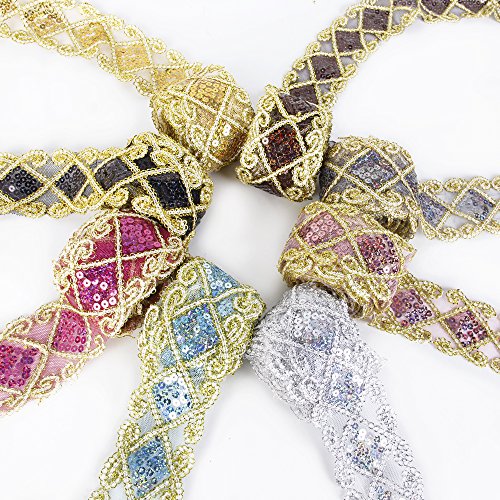 Sequins Lace Mesh Trim Lace Ribbon Applique Sewing Craft Supplies 10 Yards For Clothing Curtain Table Runner Making Decorating (Gold) #TOP3