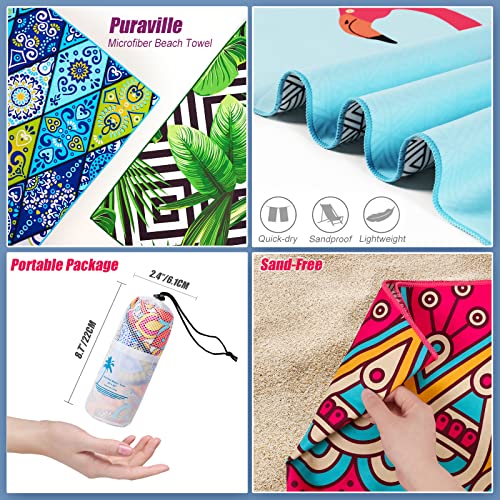 Puraville Quick Dry Microfiber Beach Towel,30''X60'' Reversible Large Sand Free And Super Absorbent Lightweight Compact Travel Swimming Pool Towel For Adult And Kids,Blue Boho #TOP3