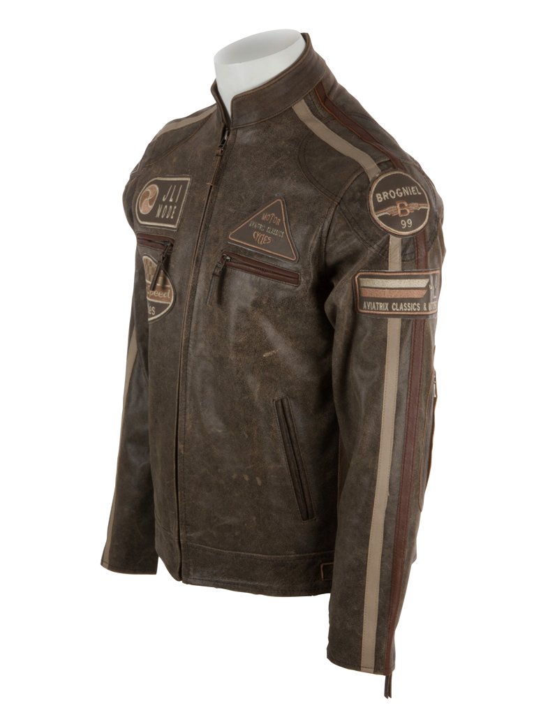 Aviatrix Chaqueta Biker De Cuero Autentico para Hombre con Cuello De Banda y Distintivos De Moto (CXUS)