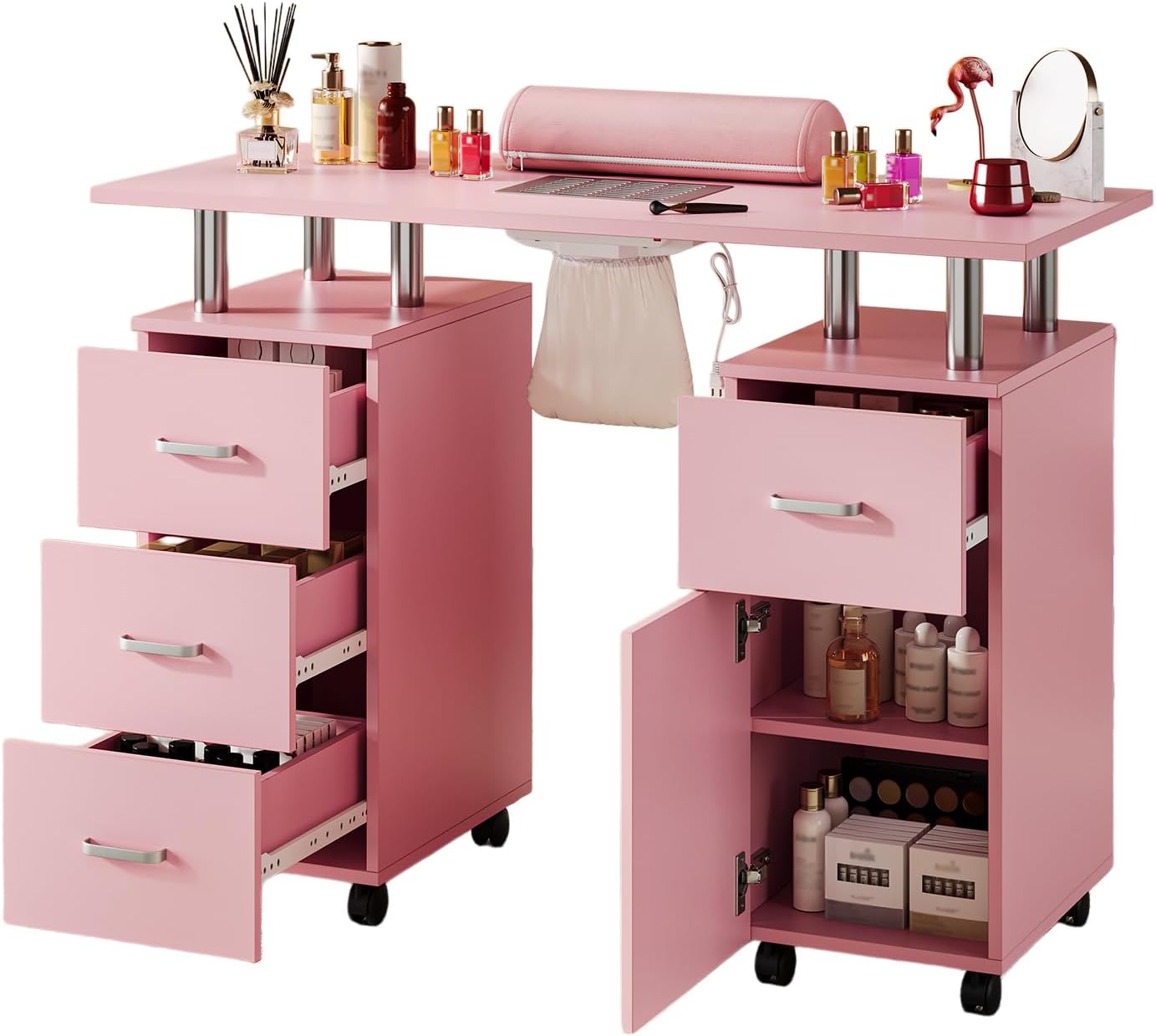 PeakPursuit Manicure Table Nail Desk with Electric Dust Collector, Nail Tech Table w/ 4 Storage Drawers, Door, 360° Swivel Wheels, Wrist Cushion, Acetone Resistant Surface for Salon & Home