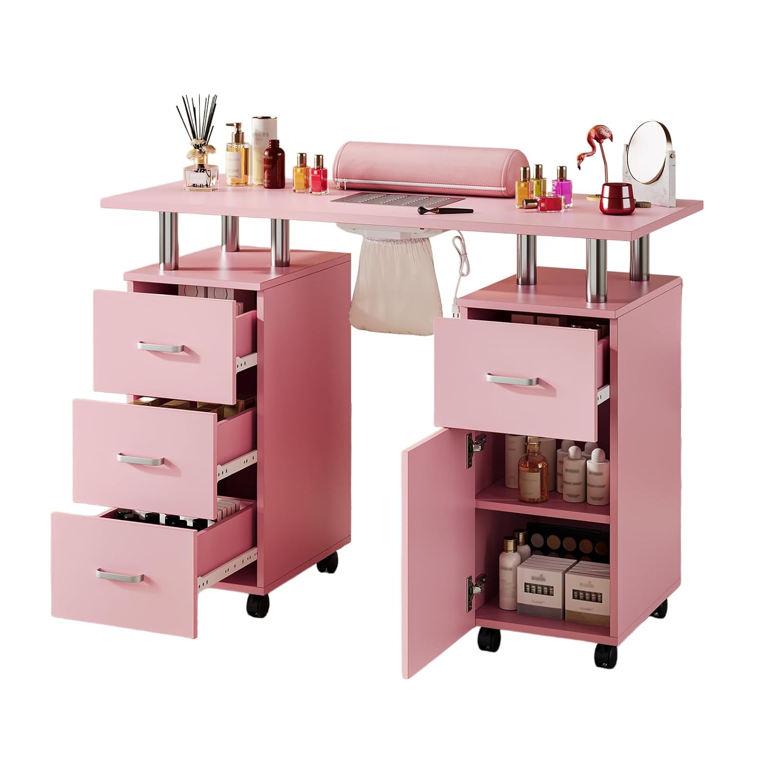 PeakPursuit Manicure Table Nail Desk with Electric Dust Collector, Nail Tech Table w/ 4 Storage Drawers, Door, 360° Swivel Wheels, Wrist Cushion, Acetone Resistant Surface for Salon & Home