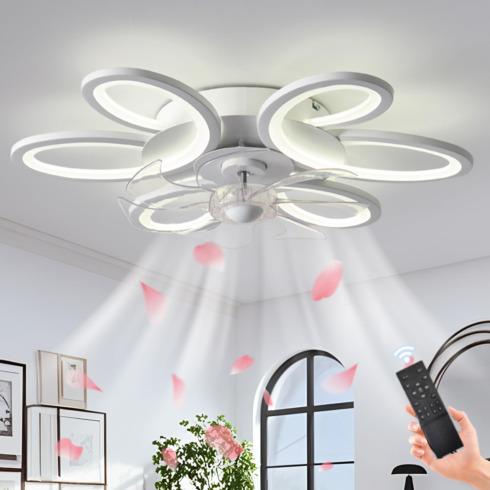 HXYSXHJUO 65CM Silent Bedroom Ceiling Fans with Lights, Dimmable 3 Colour Light Living Room Fan Reversible DC Motor LED Lamps