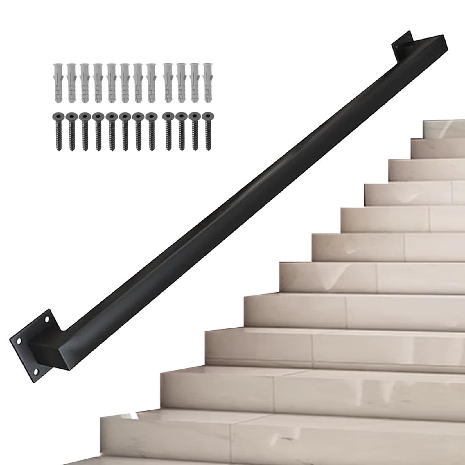 Stairs Banister Handrail, 1m 1.5m 2m 2.5m 3m Black Metal Wrought Iron Hand Rails for Outdoor Indoor, Grab Rail with Wall Holders and Metal Screws (Size : 8.2ft/2.5m)
