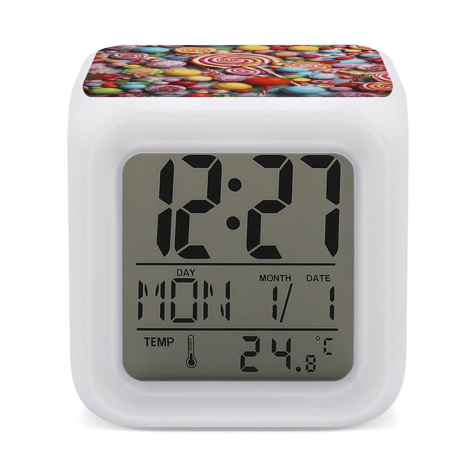 JTREHY 7 Color Changing LED Digital Alarm Clock,Candy Printed Wake-up Clock with Temperature Display Home Decoration Alarm Clock for Bedroom Office