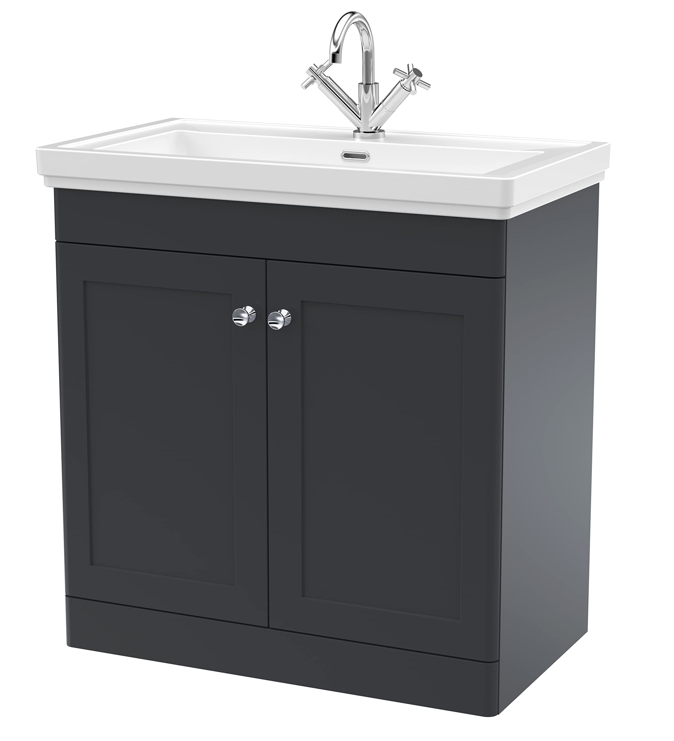nuie CLC1426A Classique Traditional Bathroom Floor Standing 2 Door Vanity Basin Unit with 1 Tap Hole Fireclay Basin, 800mm, Soft Black