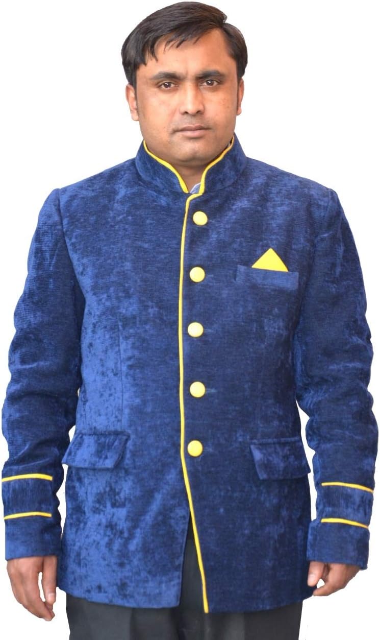 Kavita ExportsMen's Crossneck Navy Blue Chef Coat Yellow Contrast (42(XL))