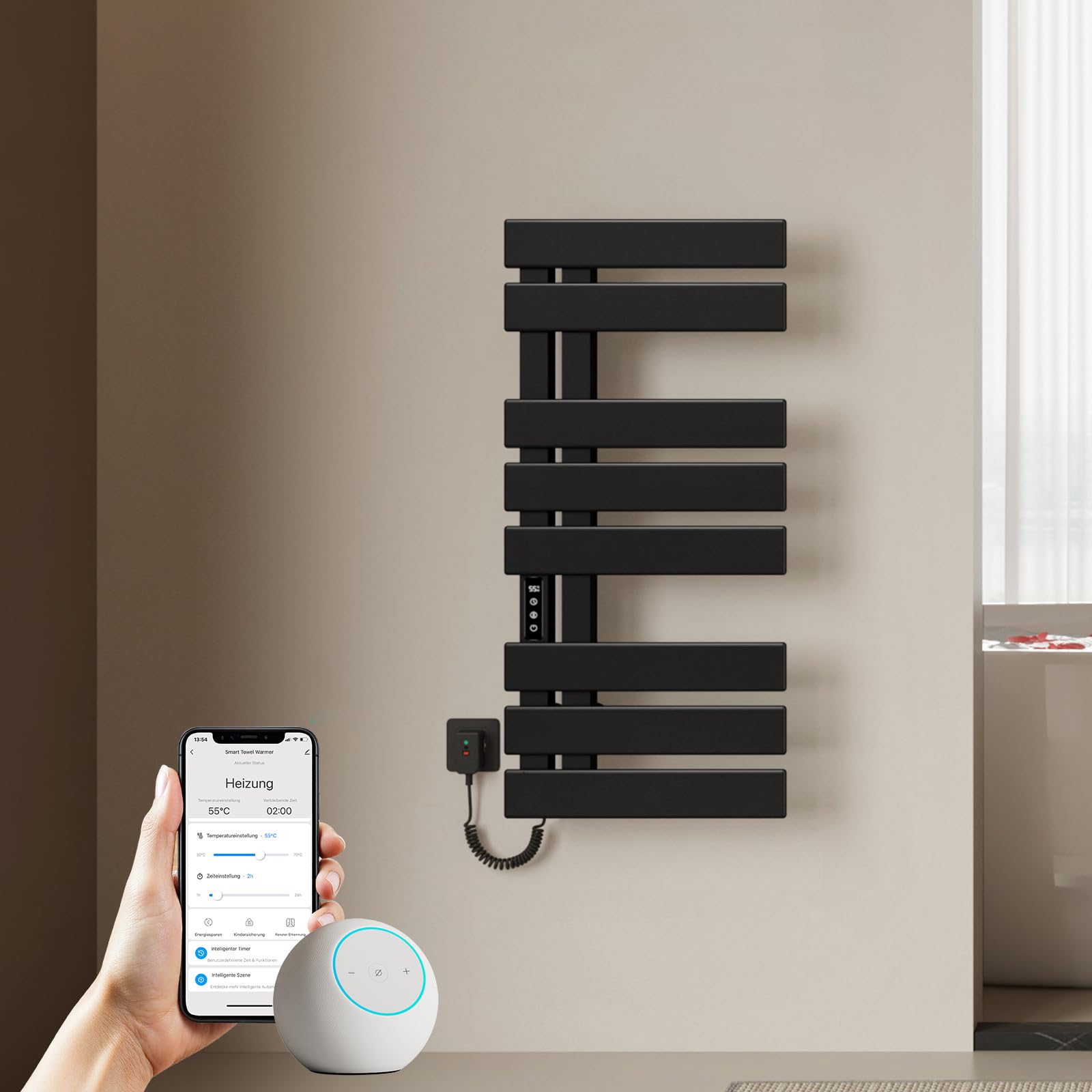 EMKE Elektrischer Badheizkörper 850x400 mm, Intelligenter Handtuchheizkörper mit WiFi-App-Steuerung, Timer & Thermostat, Handtuchwärmer zur Wandmontage, 230 Watt, IP45, Schwarz