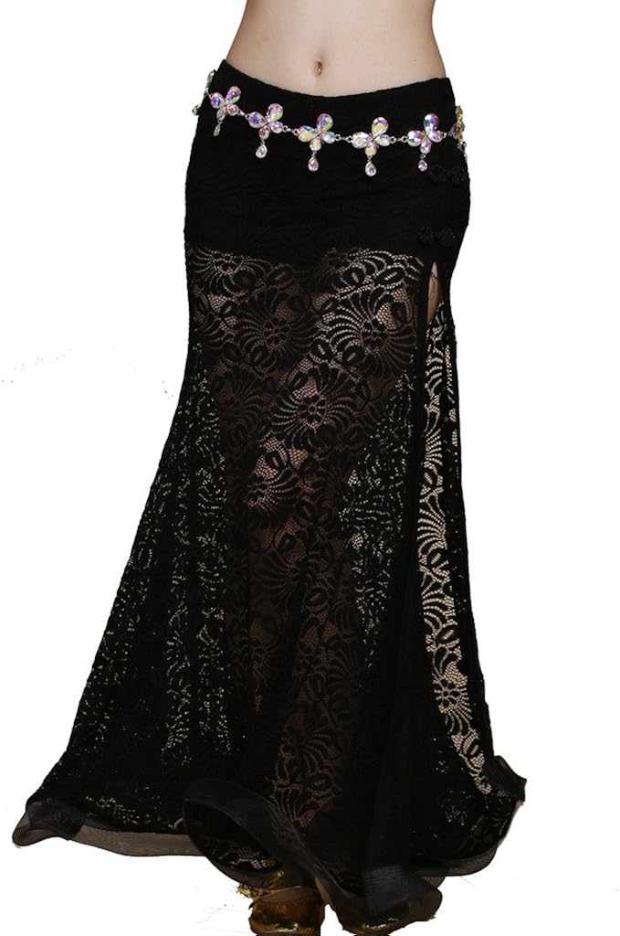 ZLTdream Retro Jacquard Lace Belly Dance Slit Skirt with Comfort Underwear Safety Pants : Clothing, Shoes & Jewelry