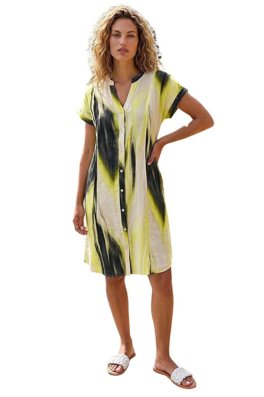 Roman Women's Yellow Abstract Printed Linen Blend Shift Dress Size 14