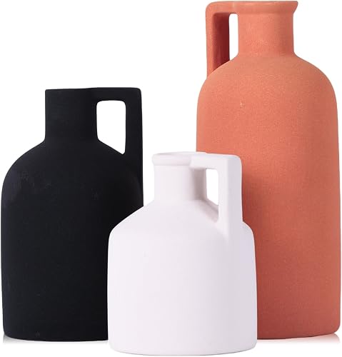 Ceramic Vase Set of 3 for Home Decor,Decorative Jug Vases for Pampas Grass and Dried Flowers,Modern Boho Farmhouse Pottery Vases for Dining Table Centerpiece,Shelf Mantel Entryway Living Room