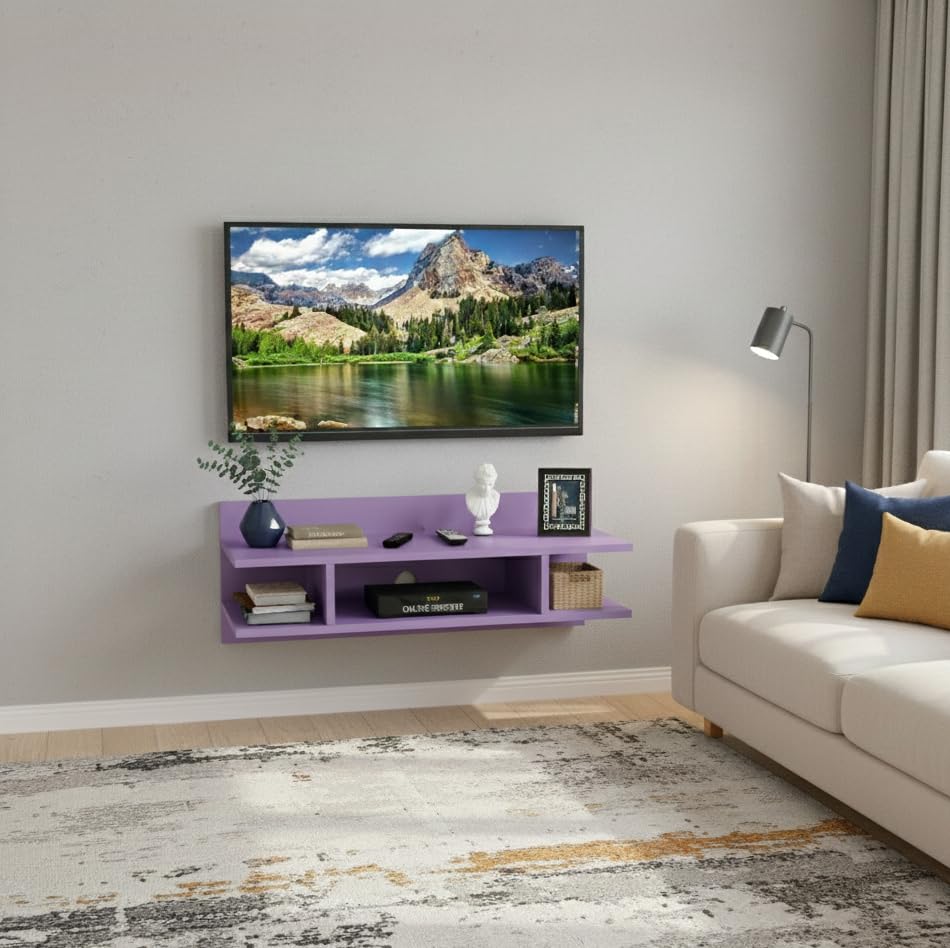 Image of Engineered Wood Set Top Box Stand | Wall Mounted TV Unit Shelf for Router, WiFi, DVD, Gaming Console | Sturdy & Space Saving TV Accessory Organizer (Brown, 50 x 20 x 15 cm) (Purple)