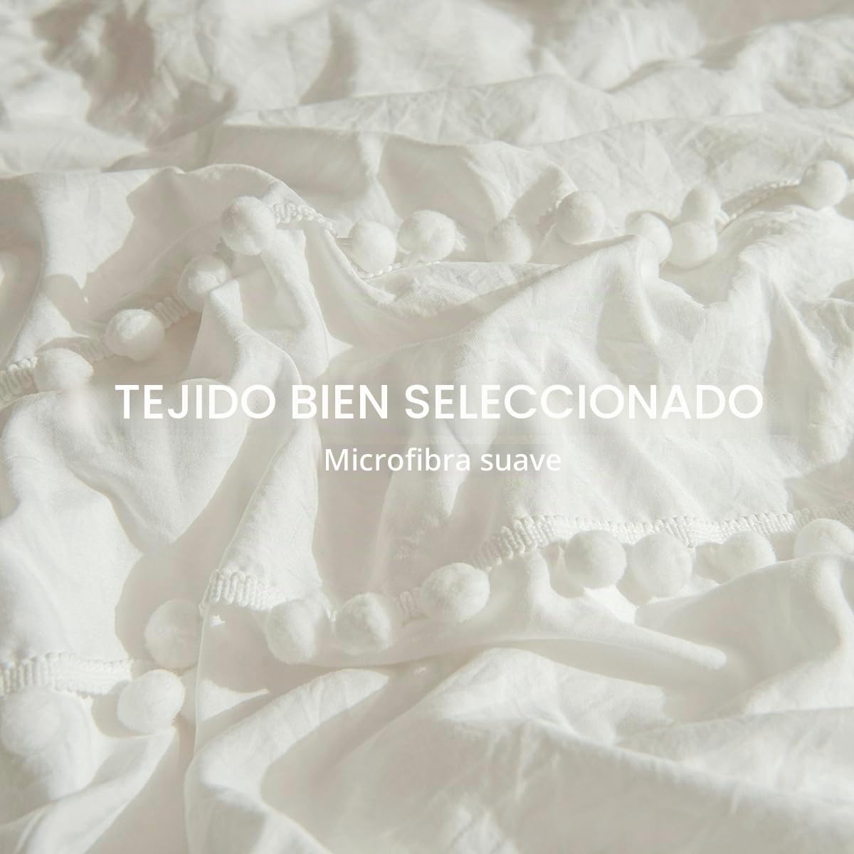Juego de Funda Nórdica 220x230 cm Blanco Juego de Ropa de Cama Boho con Pompón Bohemia en Microfibra Suave con Funda de Almohada y Cremallera (Blanco, 220x230)