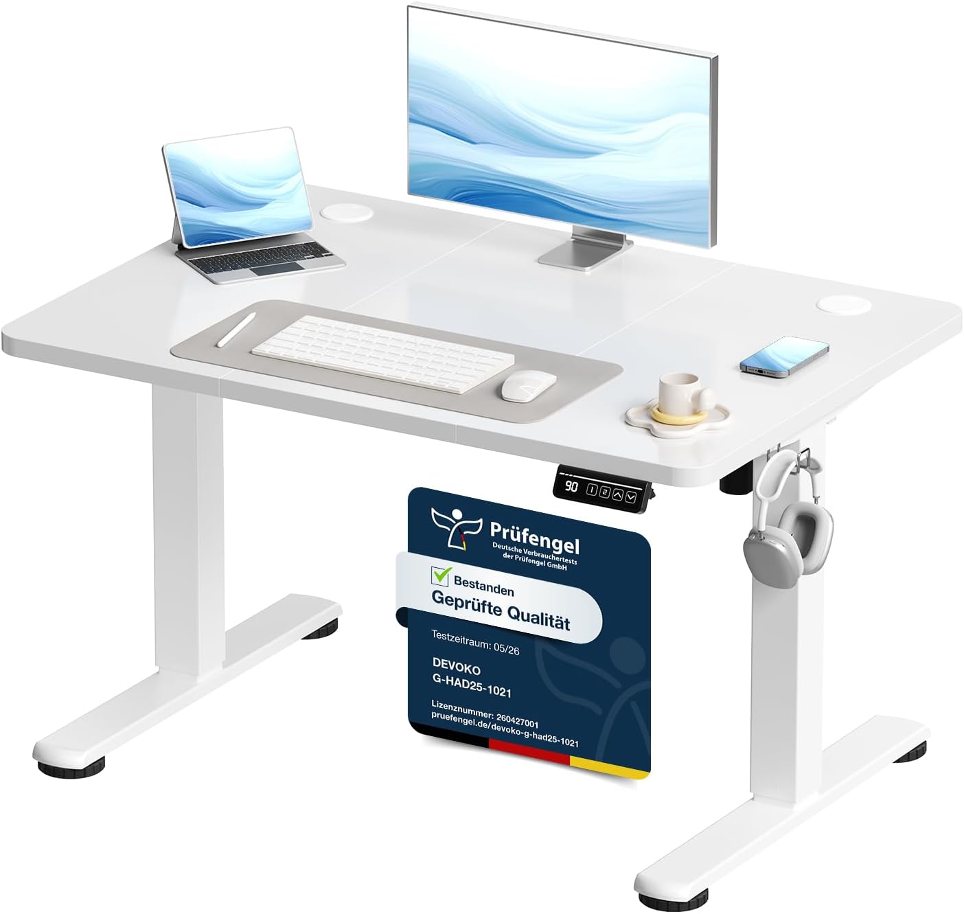 Electric Height Adjustable Desk Home Office Desk Adjustable Sit-Stand Desk for Kids and Adults, 100 x 60 cm (White)