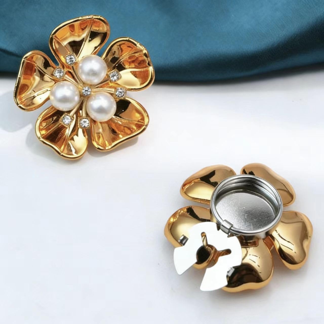 2PCS Button Covers Crystal Pearl Flower Button Covers Brooches Pins for Women, Cufflinks Clip On Cuff Accessories Jewelry Gift Decorative for Crafts Sewing DIY Wedding Party image 4
