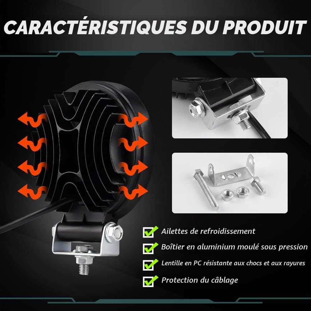 Lampe de Travail LED Hors Route 72W avec DRL Antibrouillard D'alarme Stroboscopique Ambre 4,5" Off Road Spot Flood Combo Lumière Conduite Phare 12-36V LED pour Moto Bateau Camion-2PCS