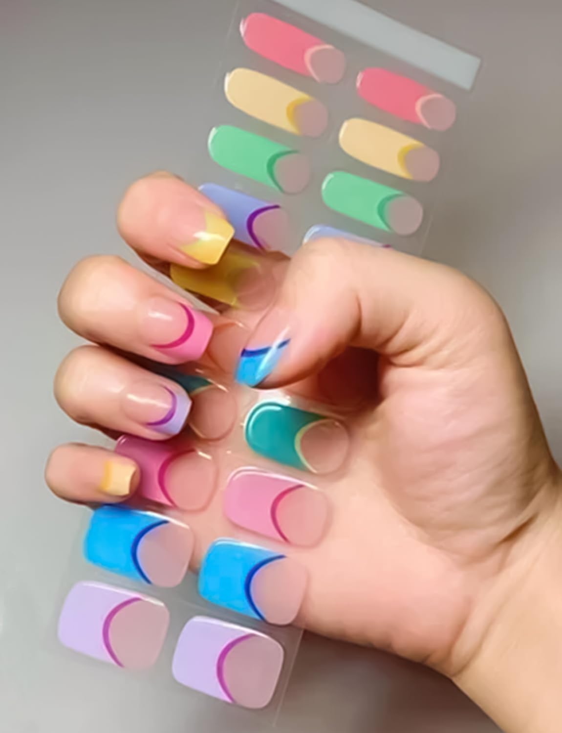 Semi Cured Gel Nail Strips, Spring Rainbow, 20pcs Macaron French Gel Nail Stickers Work with UV, Easy to Use and Remove image 2