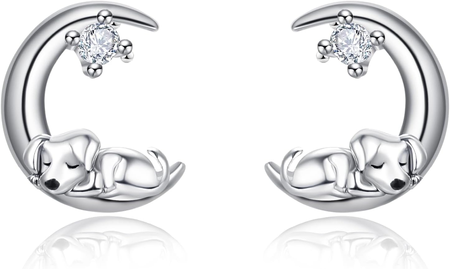 Dreamboat Cute Animal Moon Stud Earrings for Women 925 Sterling Silver Hypoallergenic Crescent Moon Animal Jewelry Christmas Birthday Party Gifts for Sensitive Ears