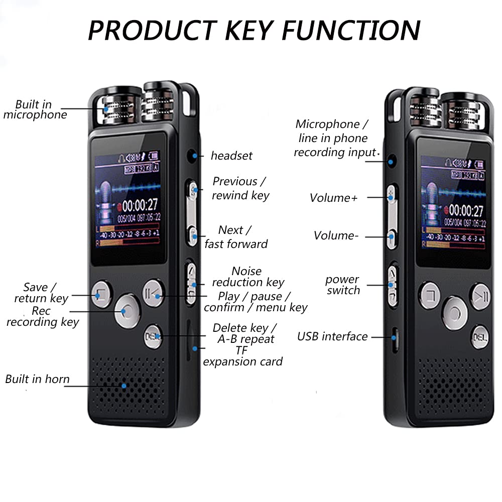 Dyktafon głosowy 8 GB, cyfrowy dyktafon na wykłady / spotkania / nagrywanie klasy profesjonalne, USB Dictaphon z odtwarzaczem MP3, redukcja szumów / podwójny format/obsługa 25 języków