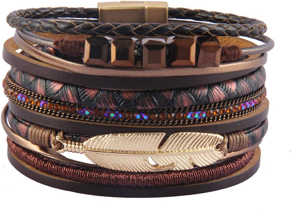 GelConnie Womens Leather Cuff Bracelet Feather Multi Strand Bracelet Wrap Bracelet Turquoise Boho Bangle Braided Leather Wristbands Bohemian Jewelry Gifts for Women Wife Sister