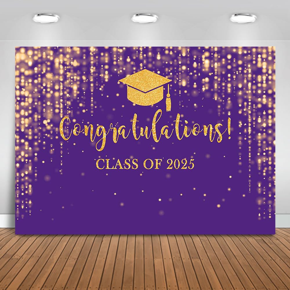 Mocsicka Class of 2025 Backdrop Purple Gold Glitter Bokeh Graduation Party Background 2025 Congrats Grad Prom Party Cake Table Decoration Photo Booth Props (10x7ft)