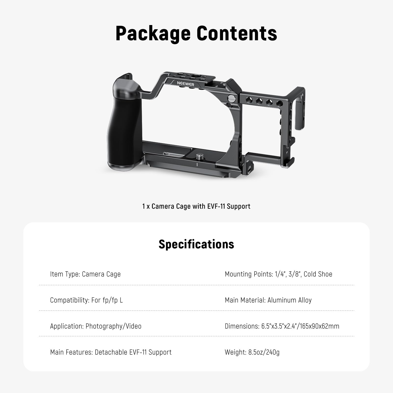 NEEWER Cage per fp/fp L, Gabbia Fotocamera con Supporto EVF-11, Filettature 1/4" e 3/8", Piastra a Sgancio Rapido Tipo Arca, Maniglia Ergonomica Compatibile con SIGMA fp fpL DJI RS 4 Pro Gimbal, CA132