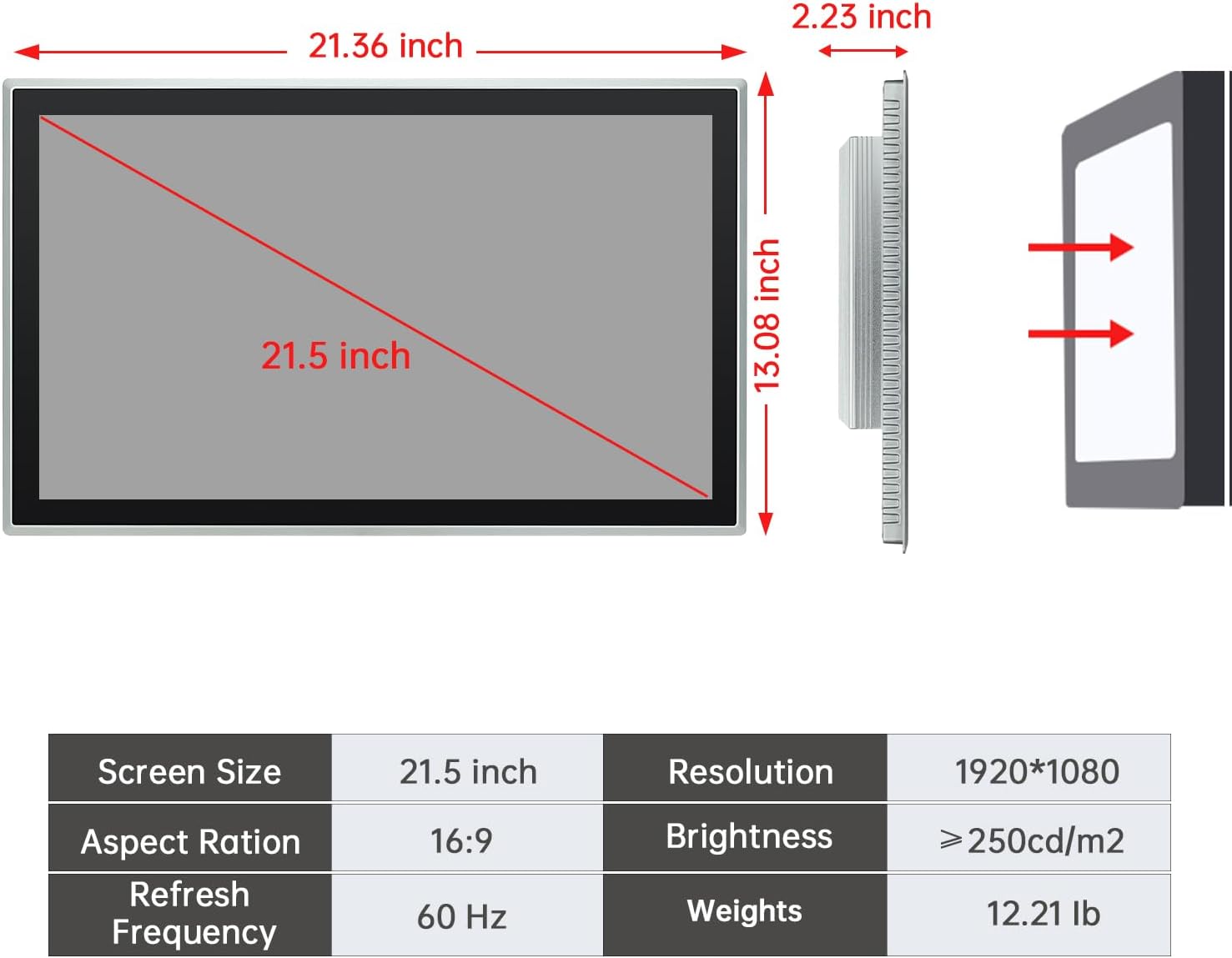 21.5-Inch Industrial Embedded Panel PC, Ratio 16:9 Multi-Touchscreen-Monitor,Industrial Touch Screen Panel Computer,WiFi & Built-in Speakers,IP65 Front,Win 11 I7 RAM 8G+512G SSD