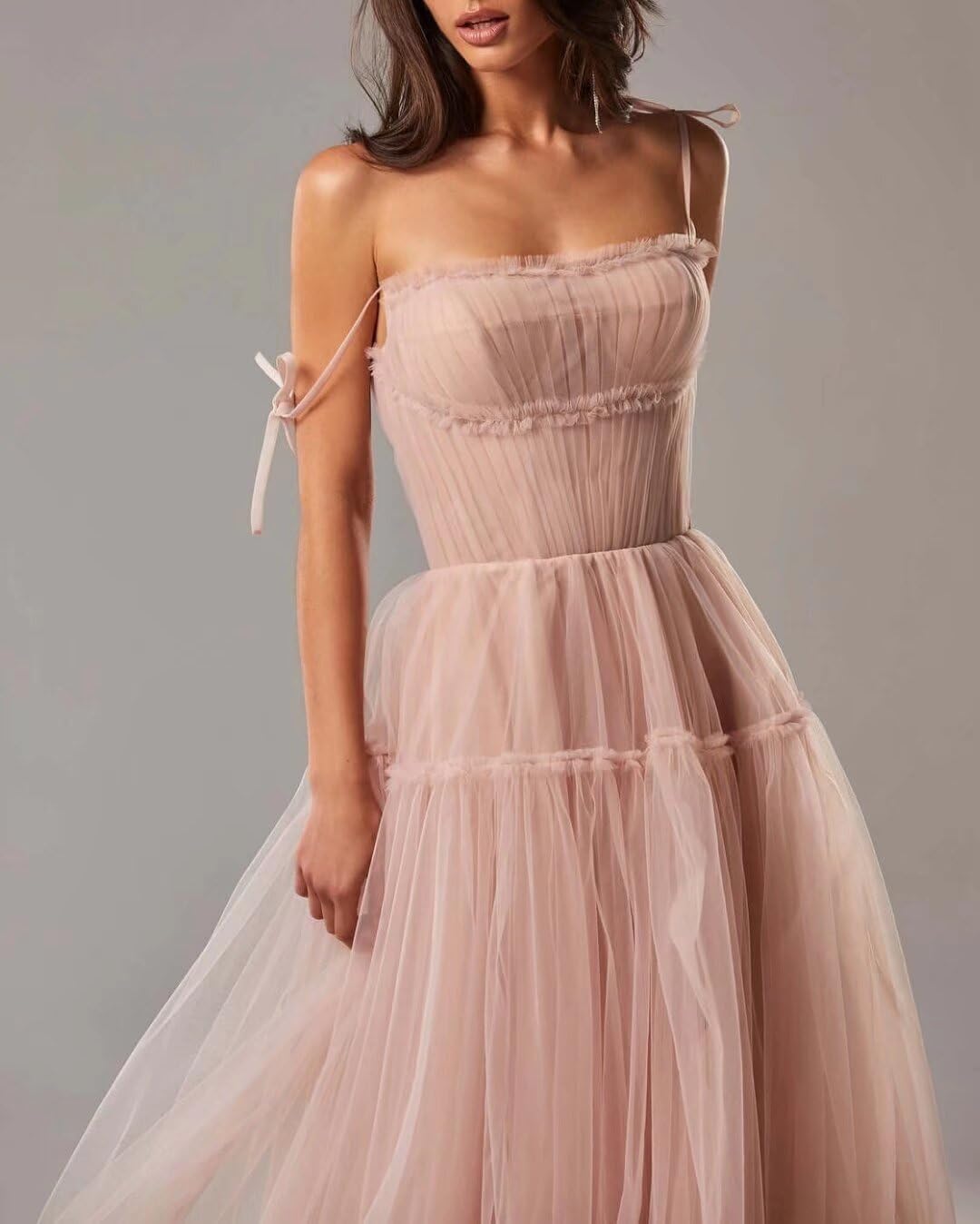 Spaghetti Straps Prom Dresses Tulle Long Formal Evening Party Gowns for Women Backless Bridesmaid Dress A-Line Dress