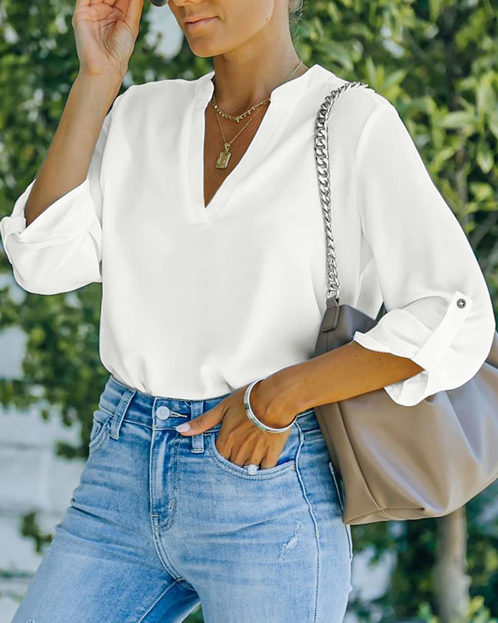 NONSAR Camicetta da donna Henley, elegante, con scollo a V, maniche arrotolabili, in stile casual