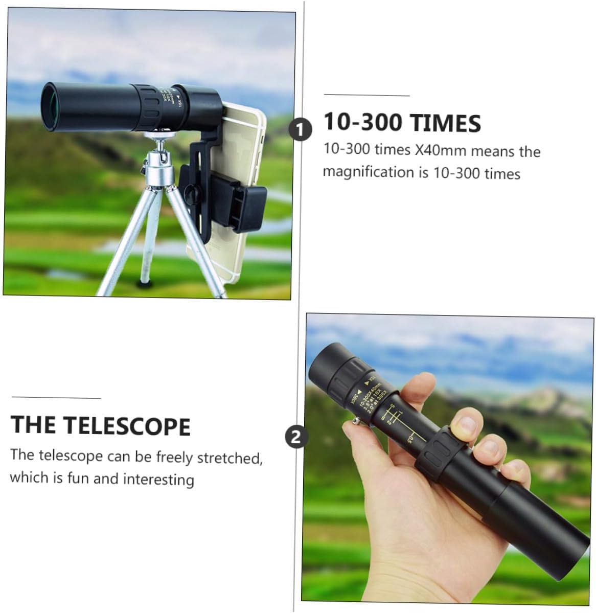 Kisangel Zoom Monocular Telescope 10-300x40 High Power Portable Monocular with Tripod for Bird Watching Camping Hiking Outdoor Use