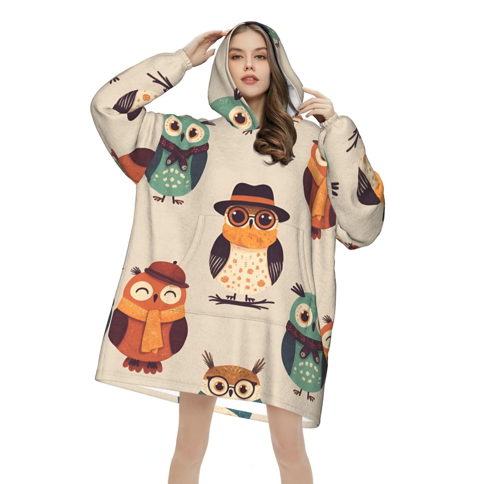 Snuggle Hoodie Blanket, Extra Large Flannel Wearable Jumper with Hood for Men and Women, Ideal for Reading, TV or Gifting, Cute Colourful Owl Pattern