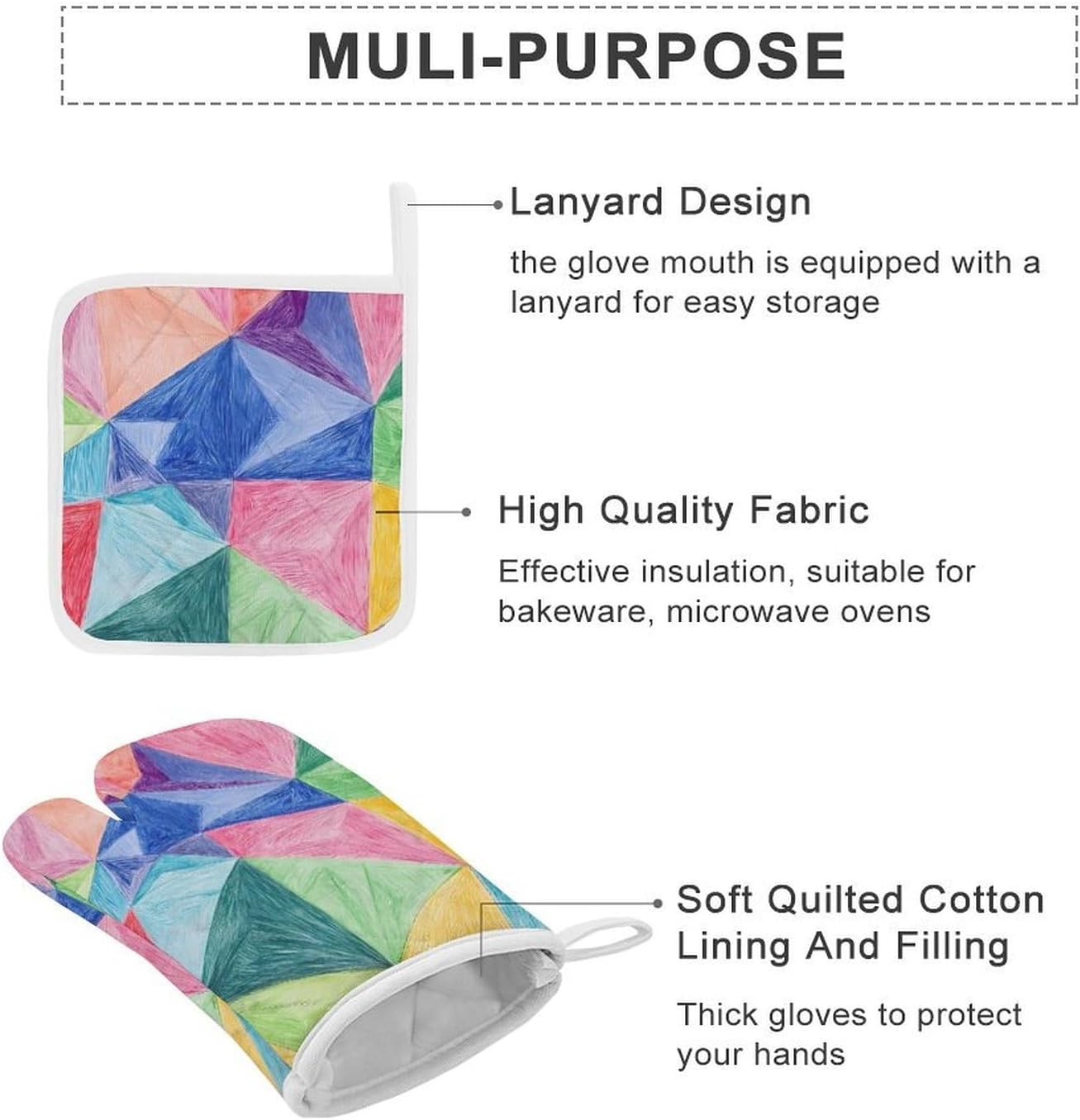 Math Geometric Triangle Graffiti Oven Mitts and Pot Holders 4Pcs Set Heat Resistant Cooking Mitts Hot Pads