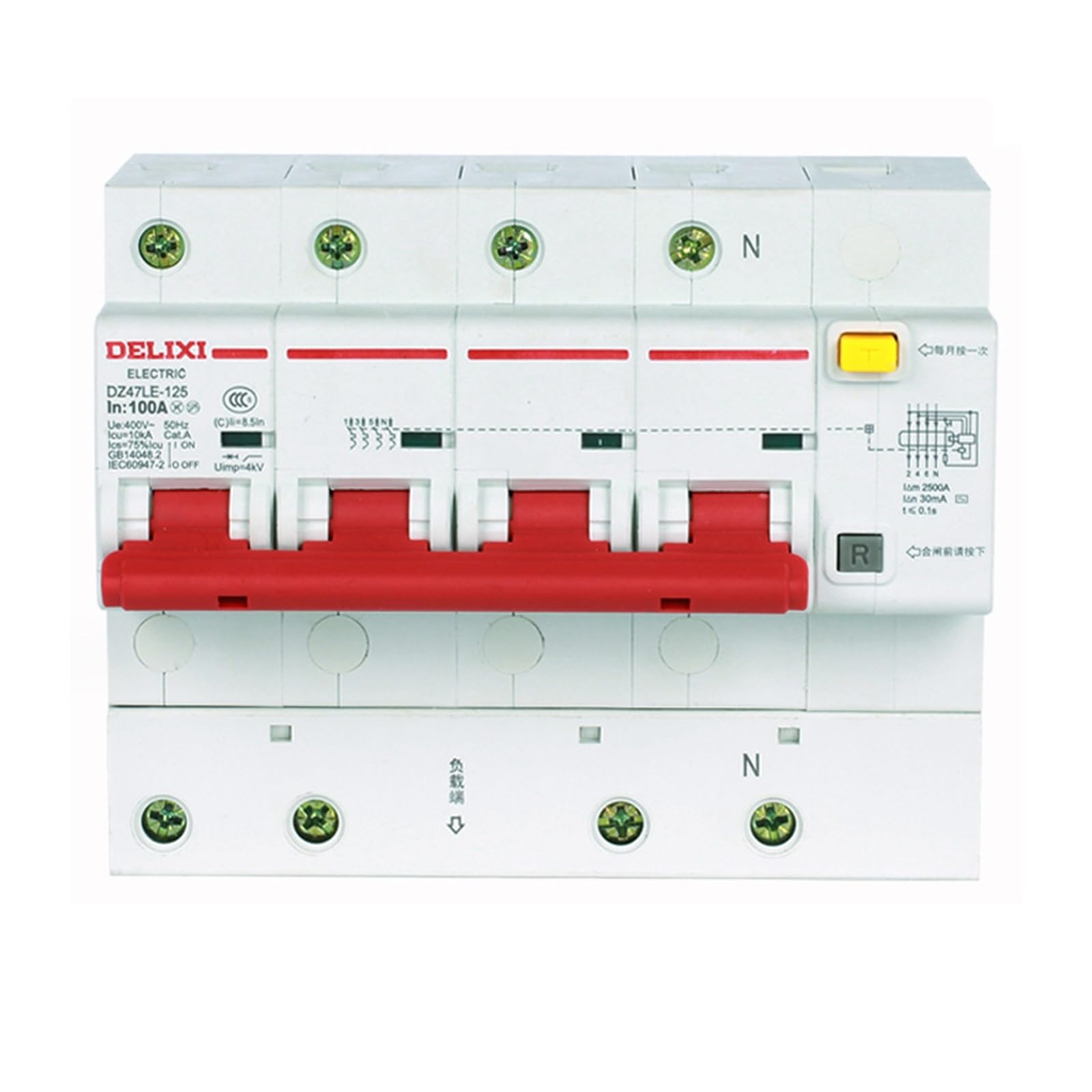 Wyłączniki miniaturowe, Zabezpieczenie przed wyciekiem elektrycznym DZ47LE-1254P Duży wyłącznik zasilania elektrycznego 380 V Czterobiegunowy czteroprzewodowy
