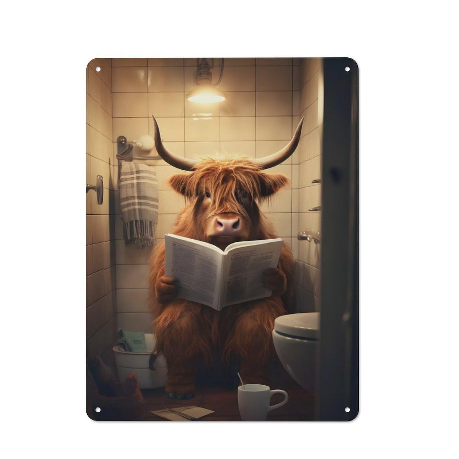 Highland Cow on The Toilet Industrial-style Tin Sign 40x30cm for Garage Or Workshop, for Garage, Workshop And Man Cave Decoration